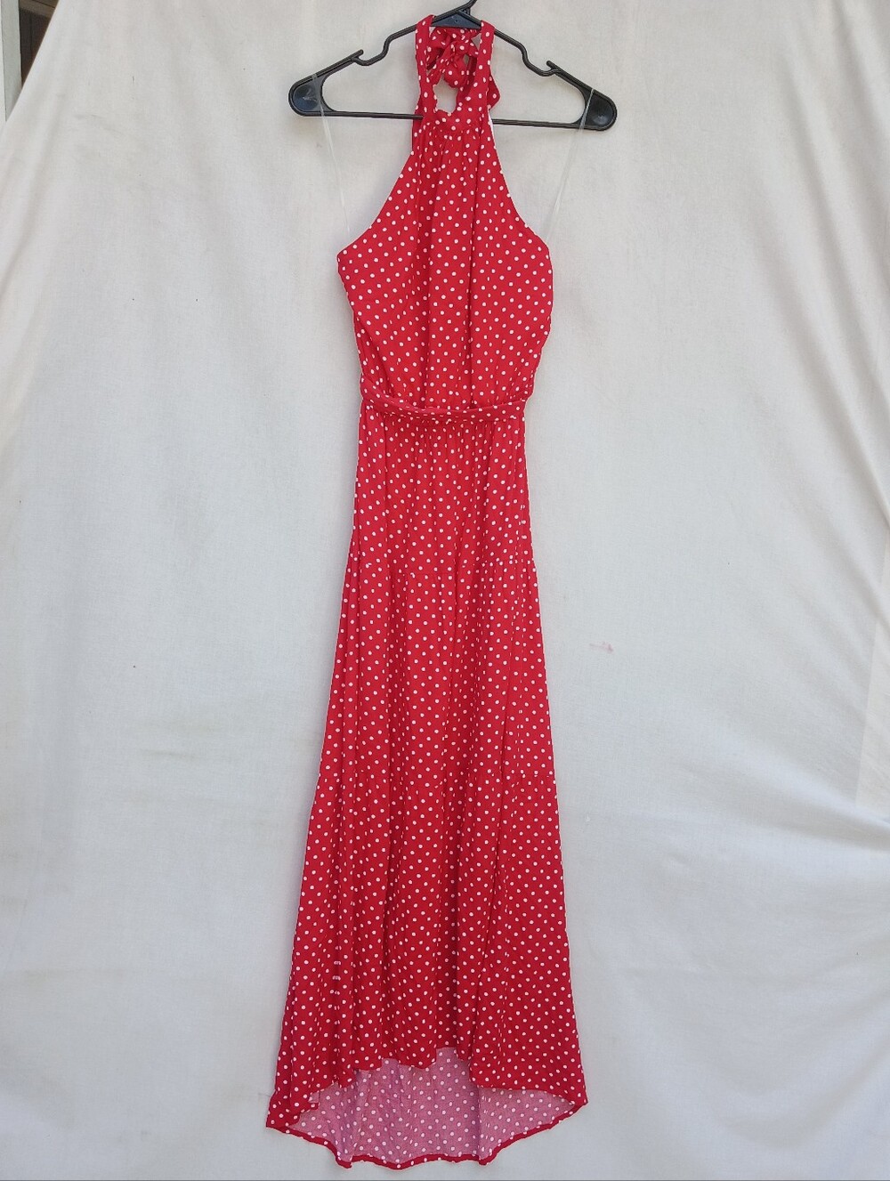 Nine 8 Red Polka Dot Halter Tie Back High-Low Maxi Dress